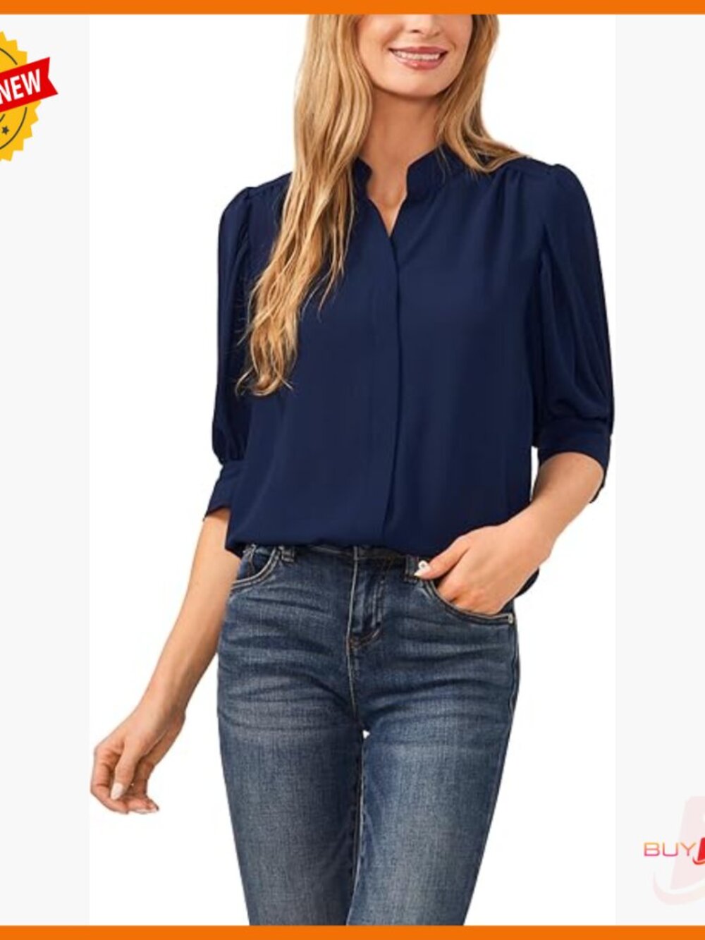 Elbow Sleeve Open Collar Hidden Placket Top, Lightweight Polyester Blouse